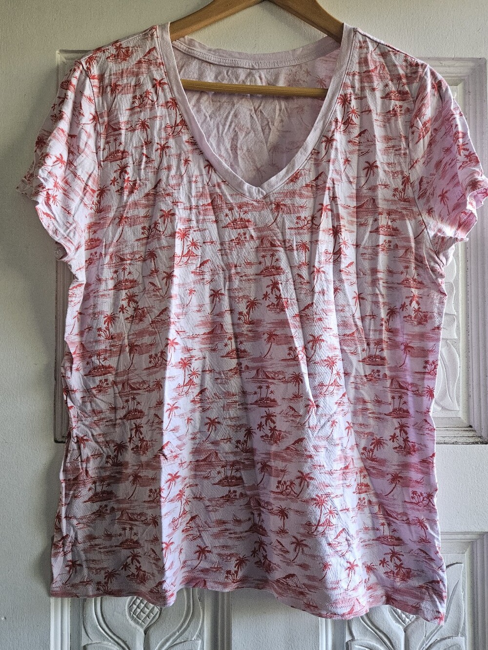 GAP Women’s White V-Neck Tee with Pink Palm Print XL